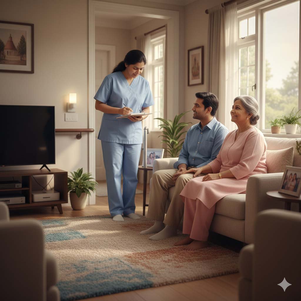 Caregiver assisting elderly person in a safe home setting